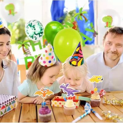 Dino Versiering Verjaardag - Dino Taart Versiering - Dino Stickers - Dinosaurus Versiering - 45 items - Verjaardag Versiering - Happy Birthday Slinger - Fienosa