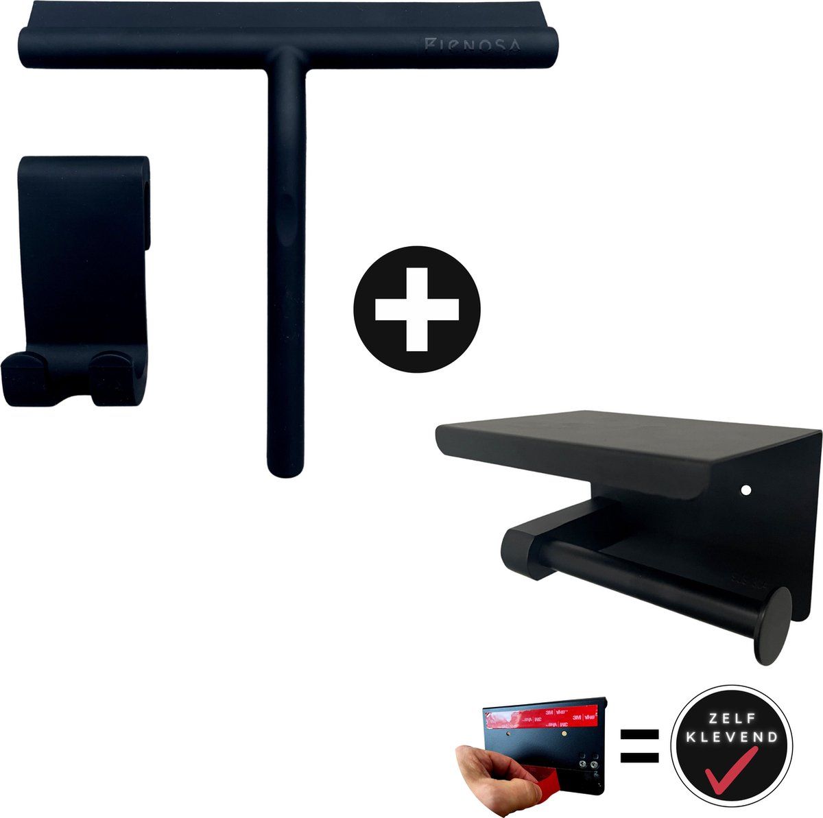 Douchewisser Zwart inclusief WC Rolhouder Zwart - Anti Kras Siliconen wisser -Zelfklevende Toiletrol Houder met plankje - Badkamer Accessoires - Fienosa