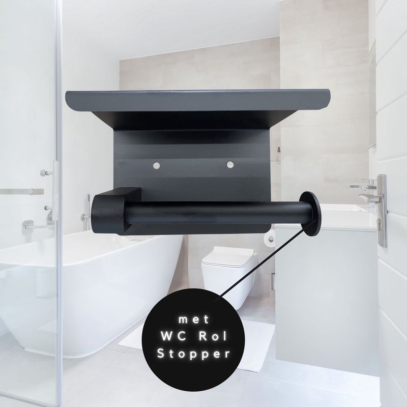 Douchewisser Zwart inclusief WC Rolhouder Zwart - Anti Kras Siliconen wisser -Zelfklevende Toiletrol Houder met plankje - Badkamer Accessoires - Fienosa