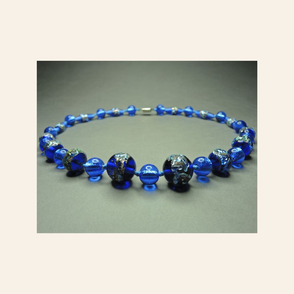 Vintage Bohemian Cobalt Blue Glass Necklace, Art Deco Style