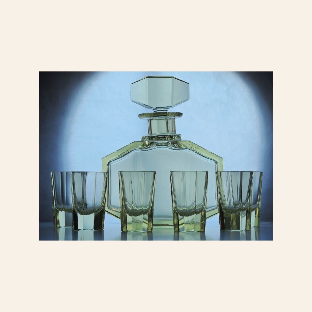 Vintage Art Deco Bohemian Citrine Glass Decanter Set, Hand-Faceted, 1930s