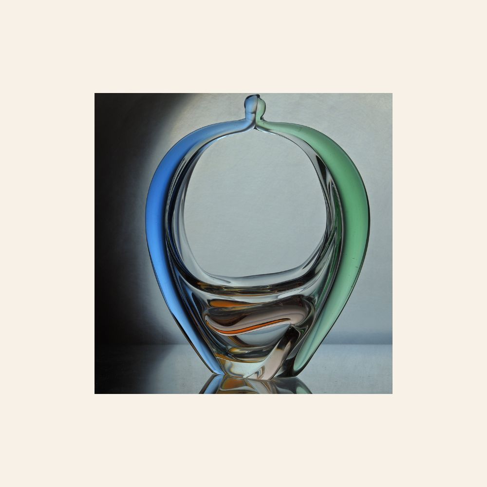 Czechoslovak Sommerso Art Glass Basket / Skrdlovice, Design by Karel Žemek, ca. 1970