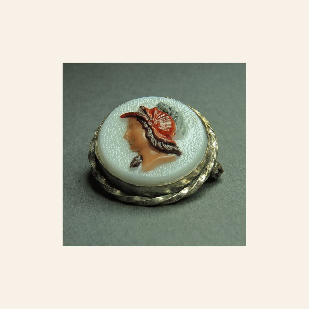 Antique Hand Painted Glass Cameo Brooch, Male Profile, c.1900