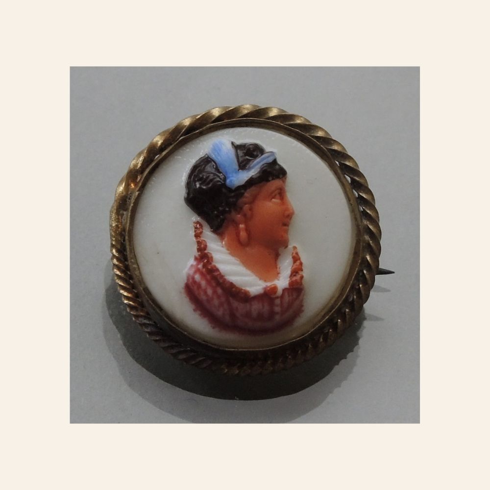 Antique Hand-Painted Glass Cameo Brooch with Female Profile, c.1900