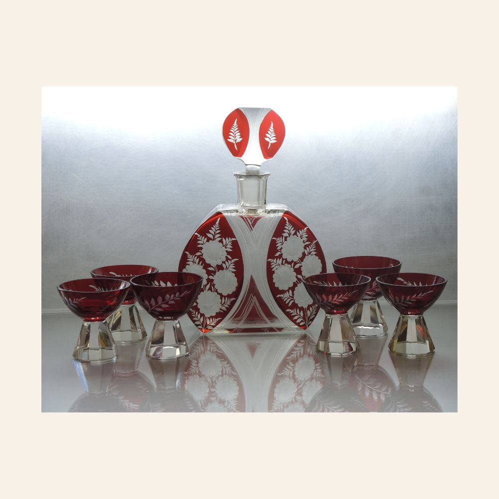 Art Deco Bohemian Ruby Red Cut-to-Clear Crystal Decanter Set / Haida – Nový Bor, ca. 1920–1930s