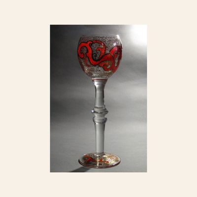 Bohemian Orange Enamel and Gilded Goblet - Hand Painted Fritz Heckert, ca. 1885–1900