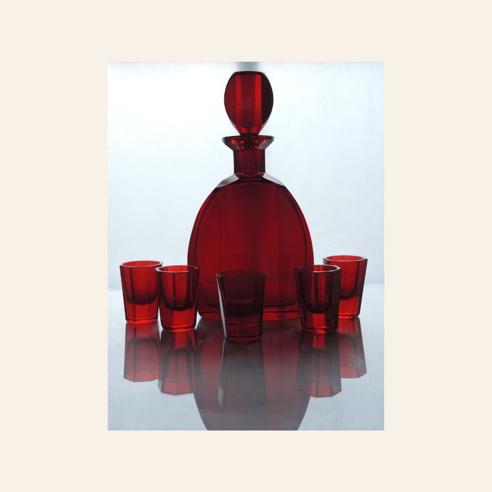Bohemian Art Deco Ruby Glass Decanter Set, Czechoslovakia 1920s–1940s