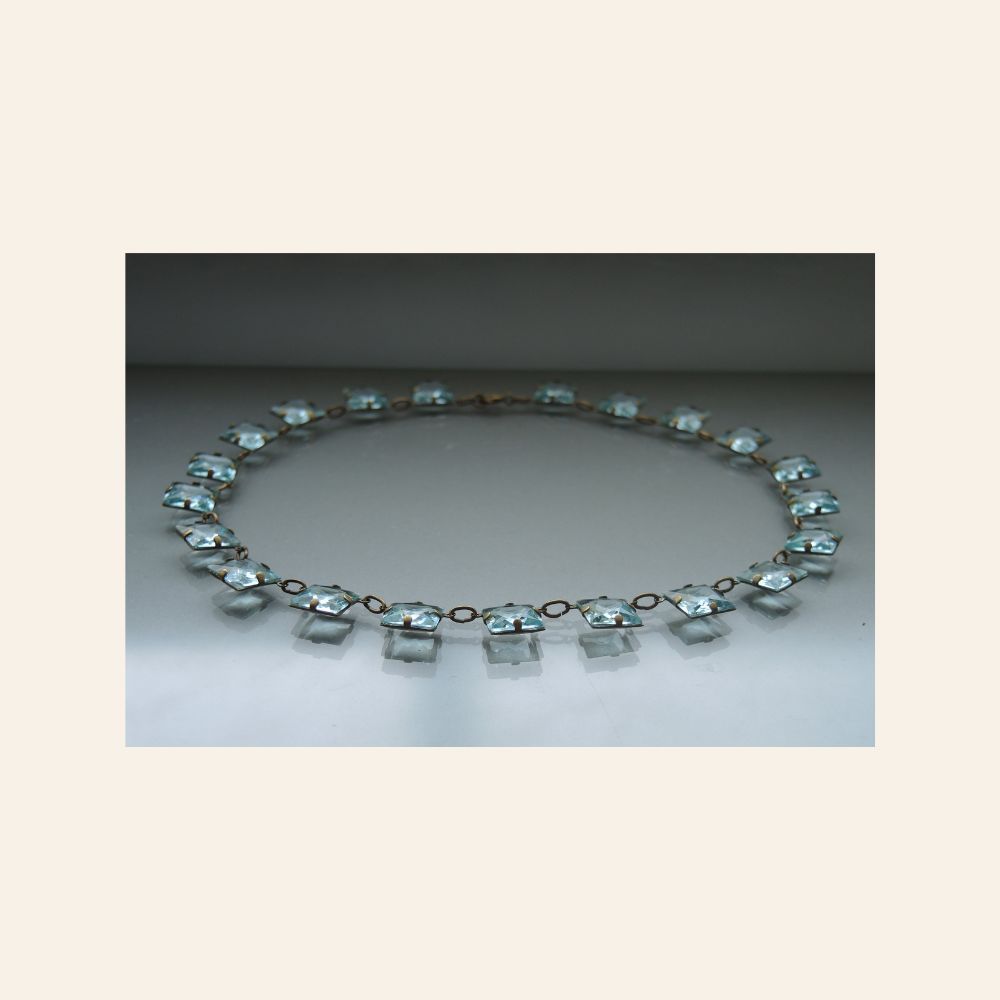 Art Deco Uranium Glass Necklace, 1930s Czech Choker – Light Blue Stones in Brass Setting