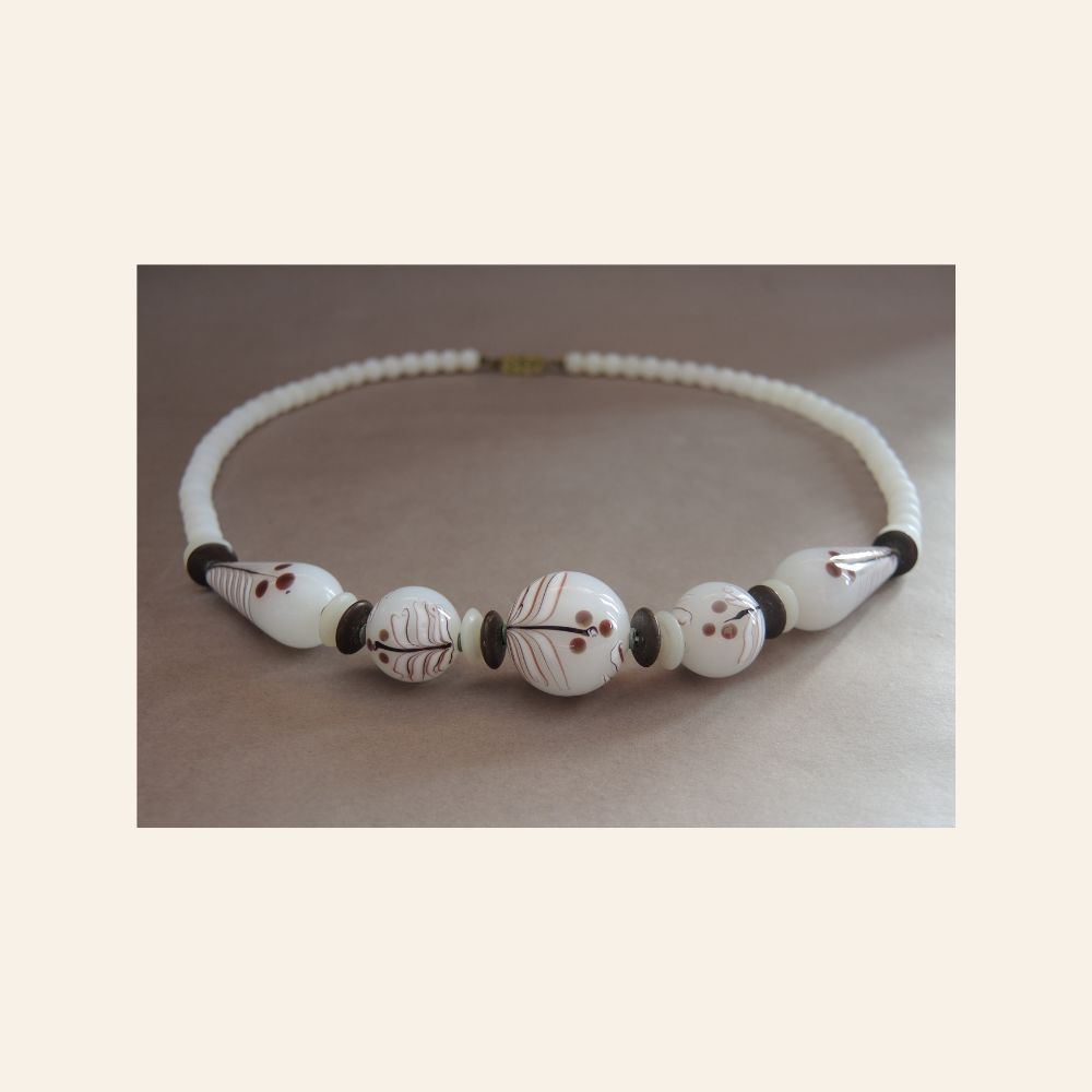 Antique Czech Hand-Painted Milk Glass Necklace – Art Deco 1930s Bohemian Jewelry