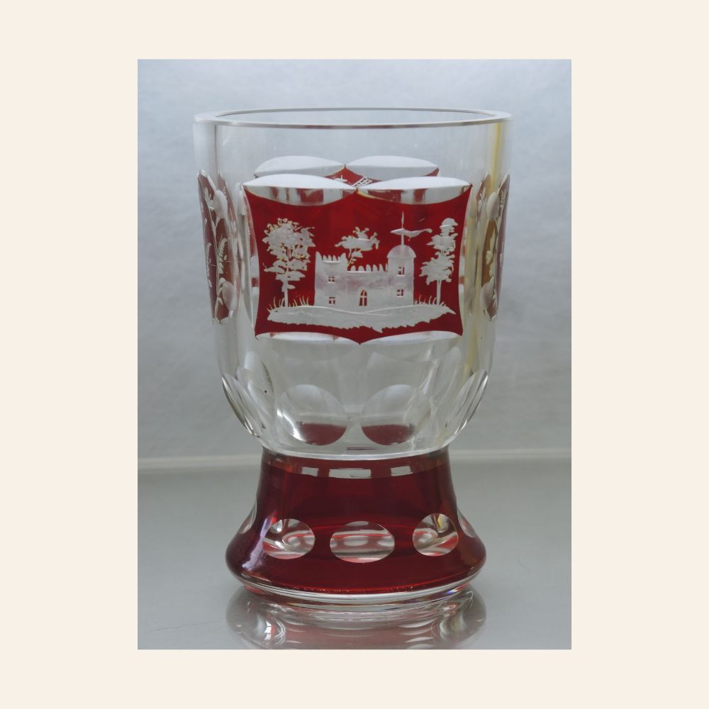 Bohemian Ruby Overlay Spa Beaker – Engraved Czech Glass, Karlovy Vary Region, Early 20th Century