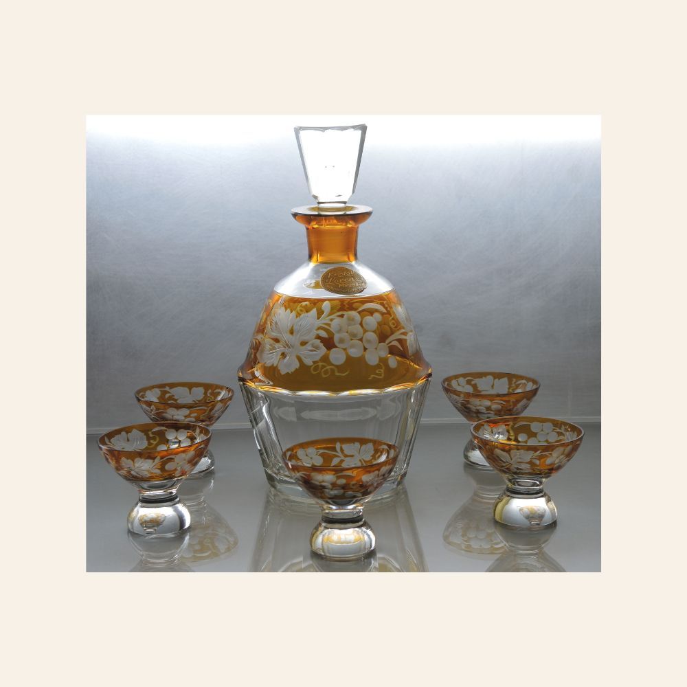 Bohemian Amber Cut-to-Clear Crystal Decanter Set with Glasses – Kristall Lorenz Label, Czechoslovakia, mid-20th century