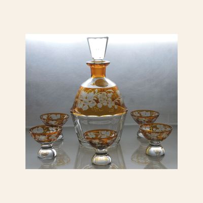 Bohemian Amber Cut-to-Clear Crystal Decanter Set with Glasses – Kristall Lorenz Label, Czechoslovakia, mid-20th century