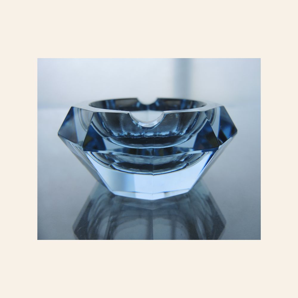 Czech Art Deco Blue Glass Ashtray, Geometric Faceted Design, 1930s–40s