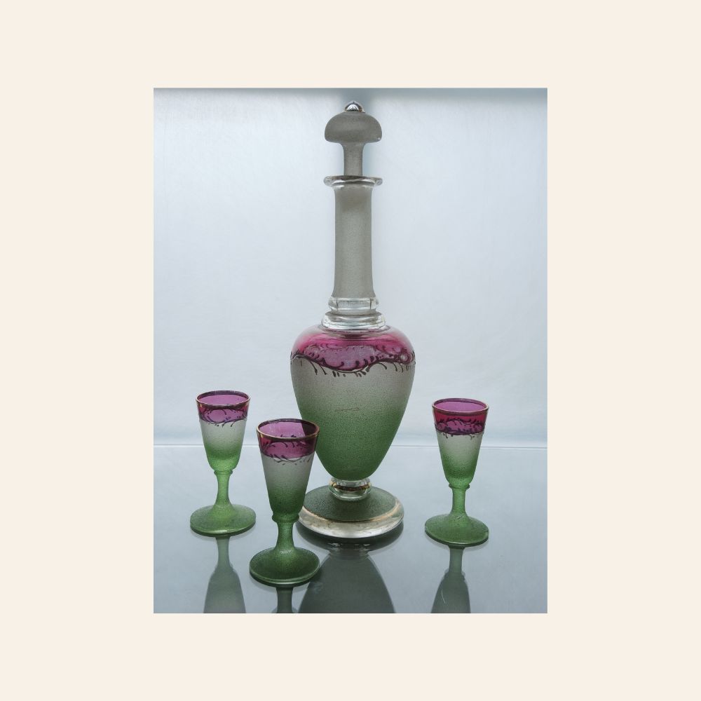 Art Deco Frosted Glass Decanter Set with Three Glasses, Bohemia c. 1925–1935