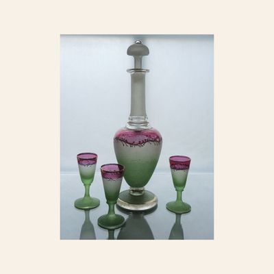 Art Deco Frosted Glass Decanter Set with Three Glasses, Bohemia c. 1925–1935