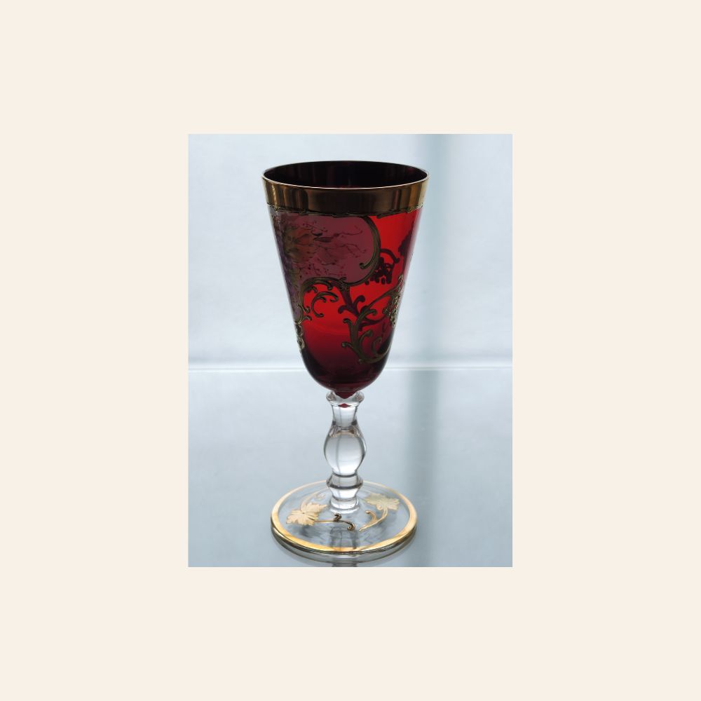 Antique Bohemian Ruby Glass Goblet with Hand-Painted Grapes and Gilding, c. 1900
