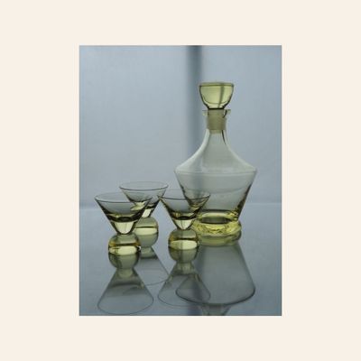 Vintage Bohemian Citrine Glass Decanter Set with 3 Glasses, Art Deco, 1930s