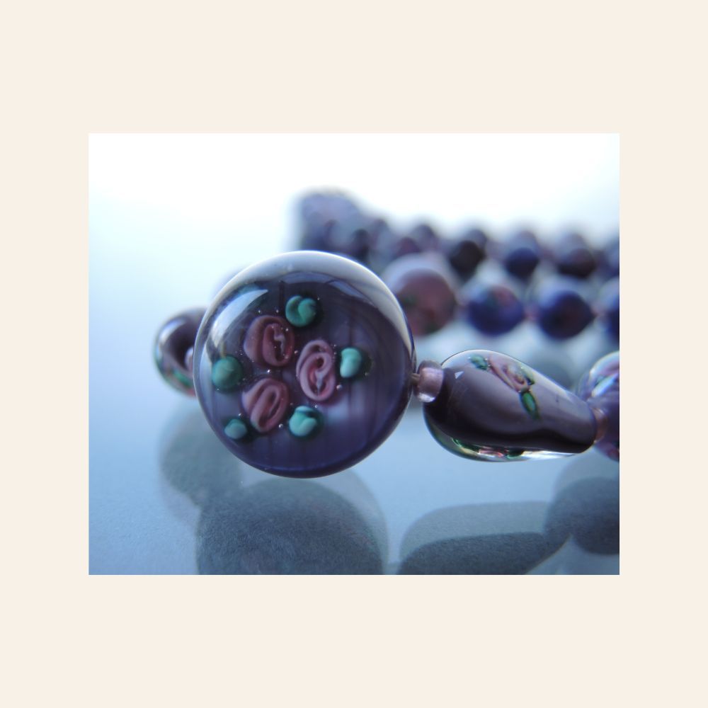 Vintage Czech Lampwork Glass Necklace – Floral Art Beads, 44 cm