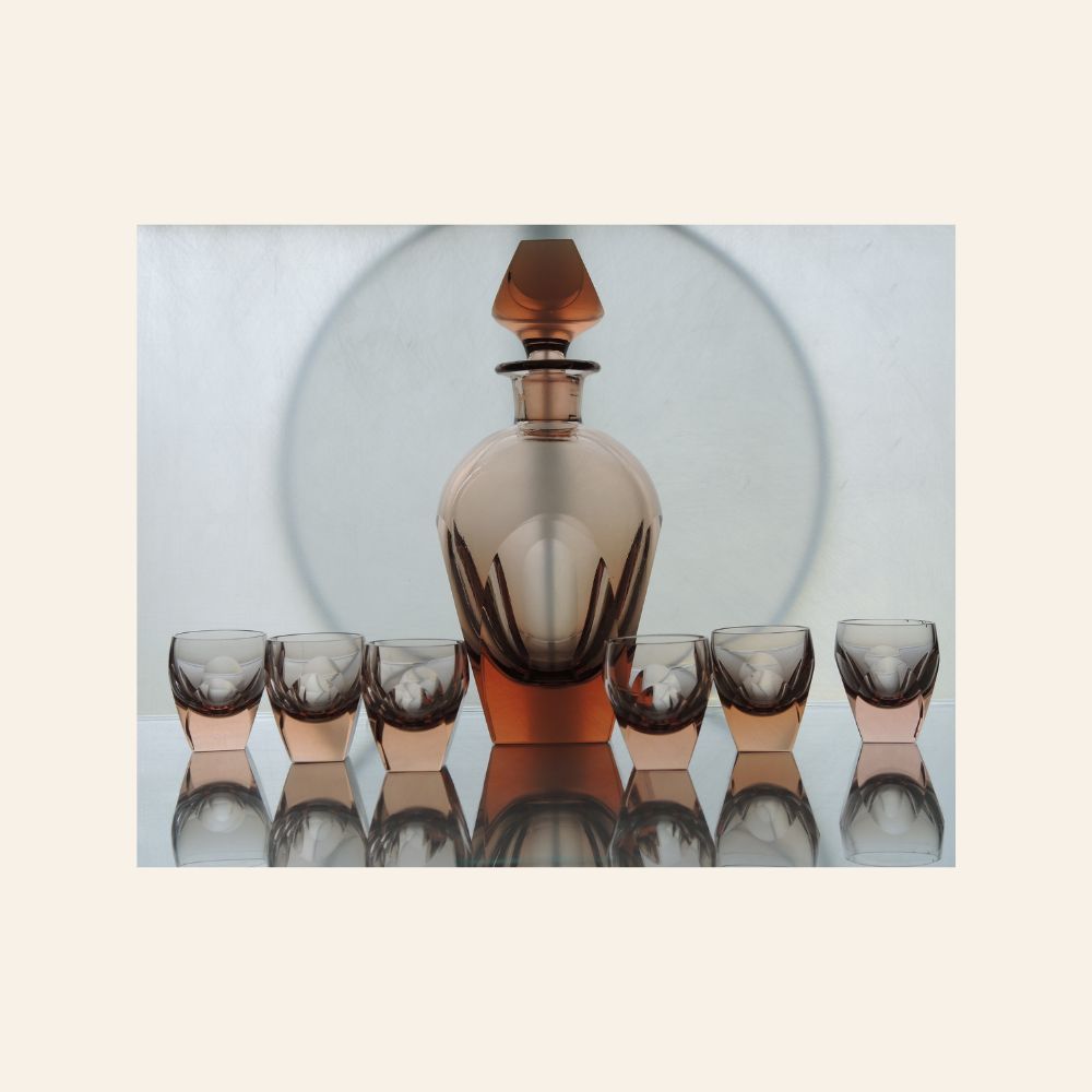 Moser “Bar” Crystal Decanter Set by Rudolf Eschler – Topaz Glass, 6 Glasses, Karlsbad