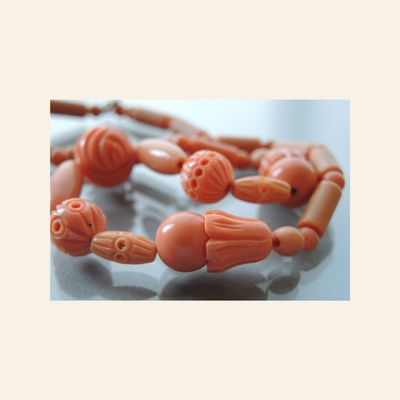 Early Carved Galalith Necklace in Coral Color, Bohemia, ca. 1915–1930