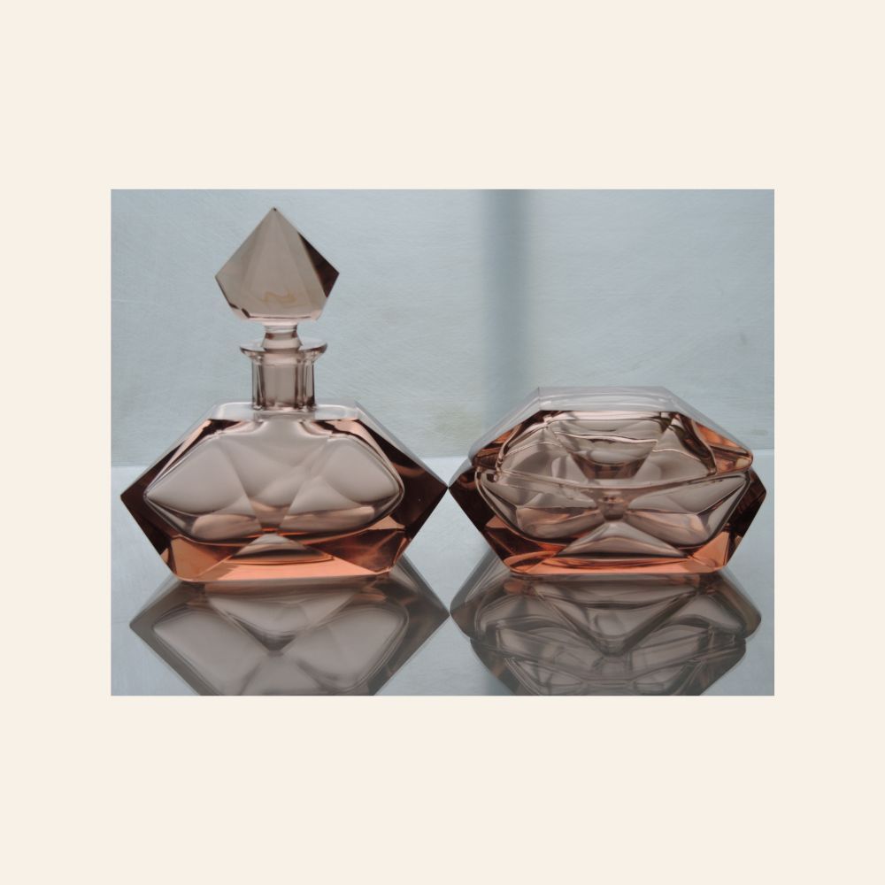 Czechoslovak Art Deco Pink Rosaline Glass Vanity Set, Perfume Bottle &amp; Powder Box, 1930s