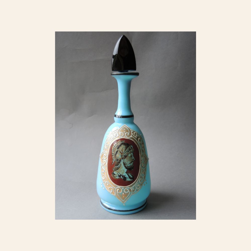 Bohemian Cloud-Blue Opaline Glass Decanter with Knight Portrait, 19th Century