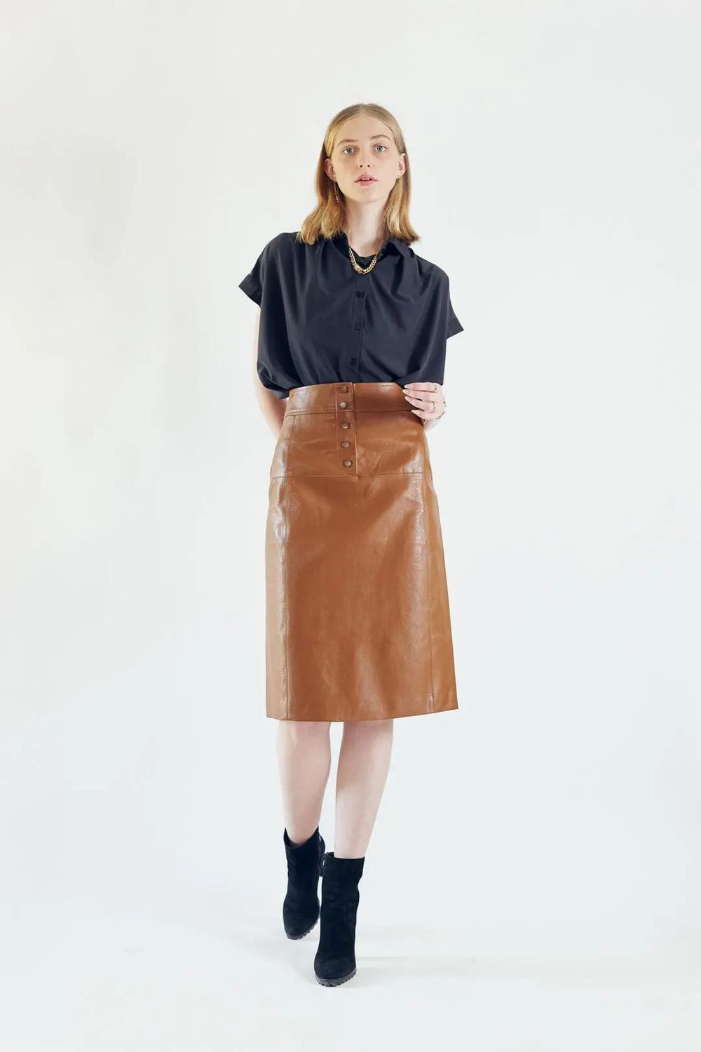 Glossy Brown Vegan Leather Pencil Skirt  Womens Chic Leather Skirt