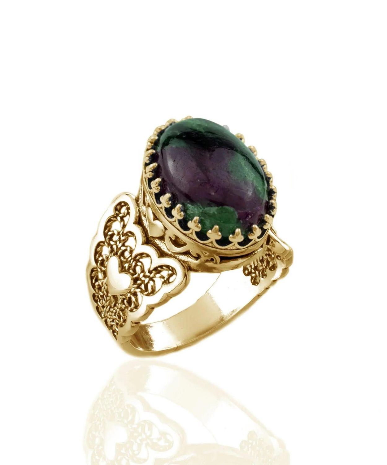 Double Heart Detailed Ruby Zoisite Gemstone Filigree Art Gold Plated Sterling