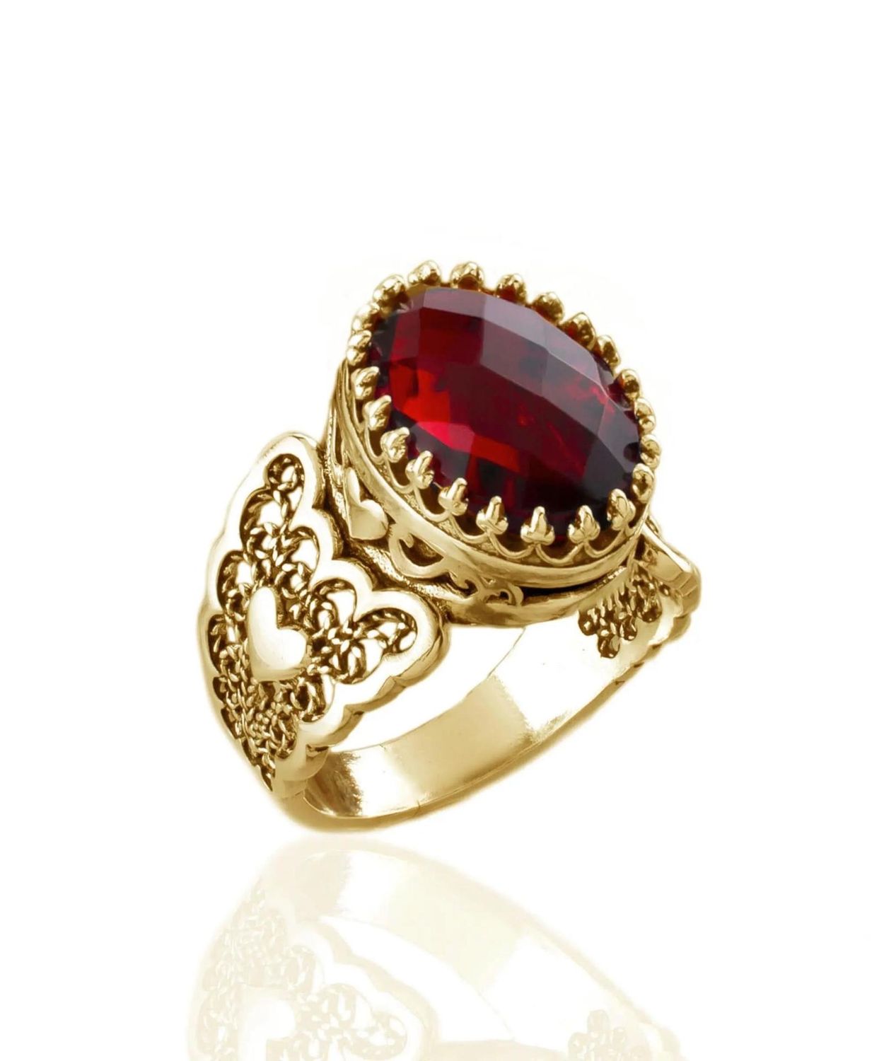 Double Heart Detailed Ruby Gemstone Filigree Art Gold Plated Sterling Silver