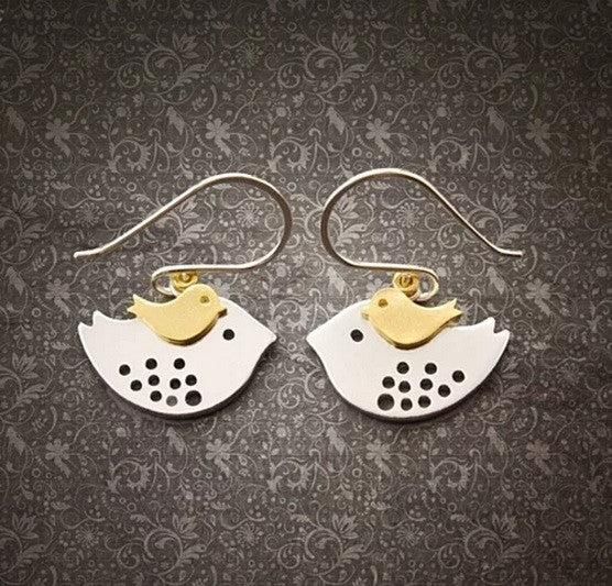 SKY TRAVELERS EARRINGS Little Bird Learning To Fly From Mom Bird in 925 Sterling