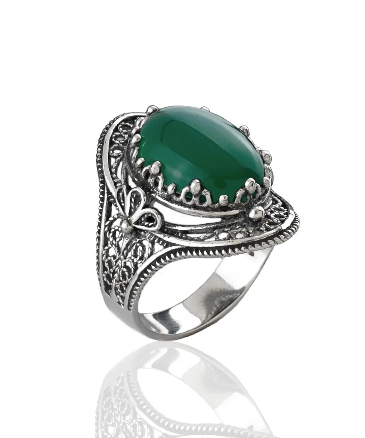 Green Agate Gemstone Filigree Art Woman Silver Statement Ring