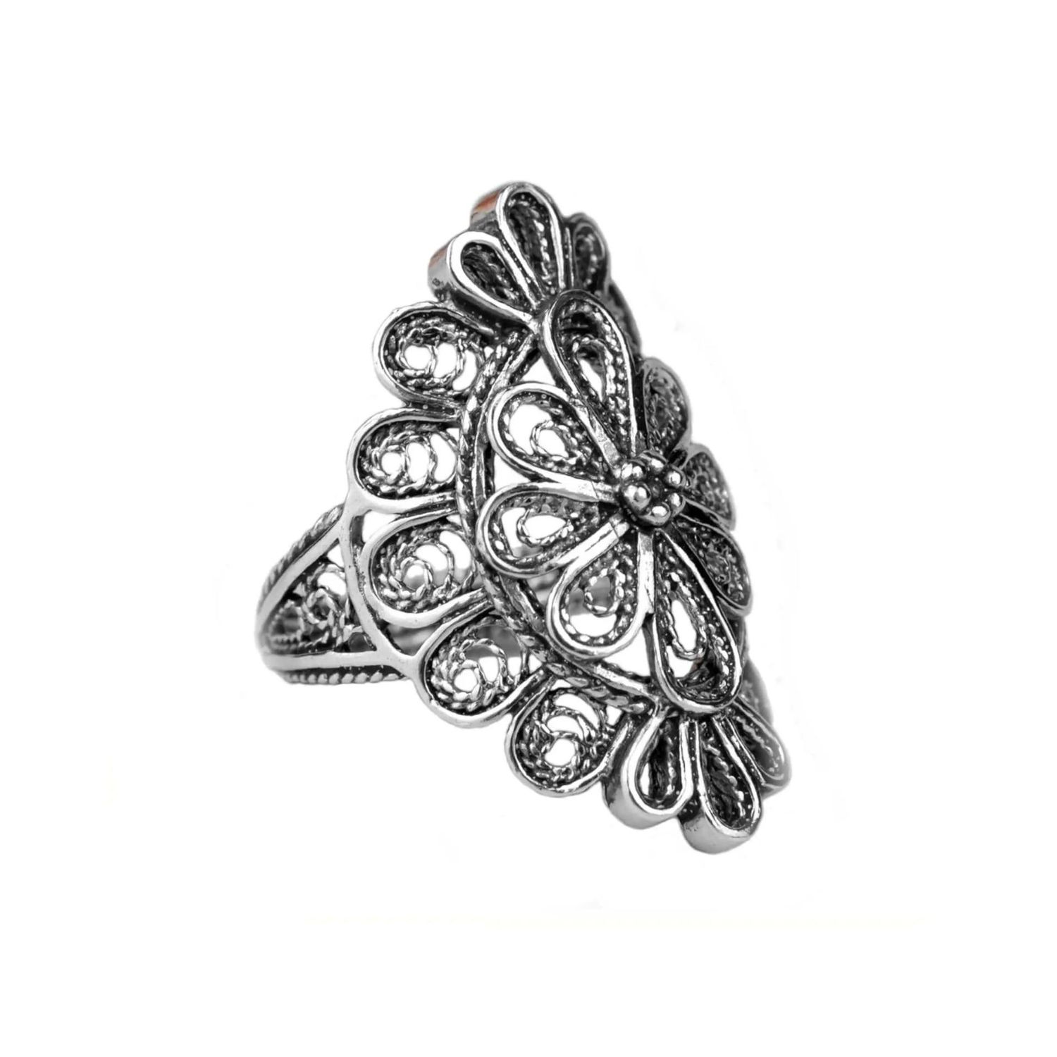 Filigree Art Lace Detailed Woman Long Statement Silver Ring