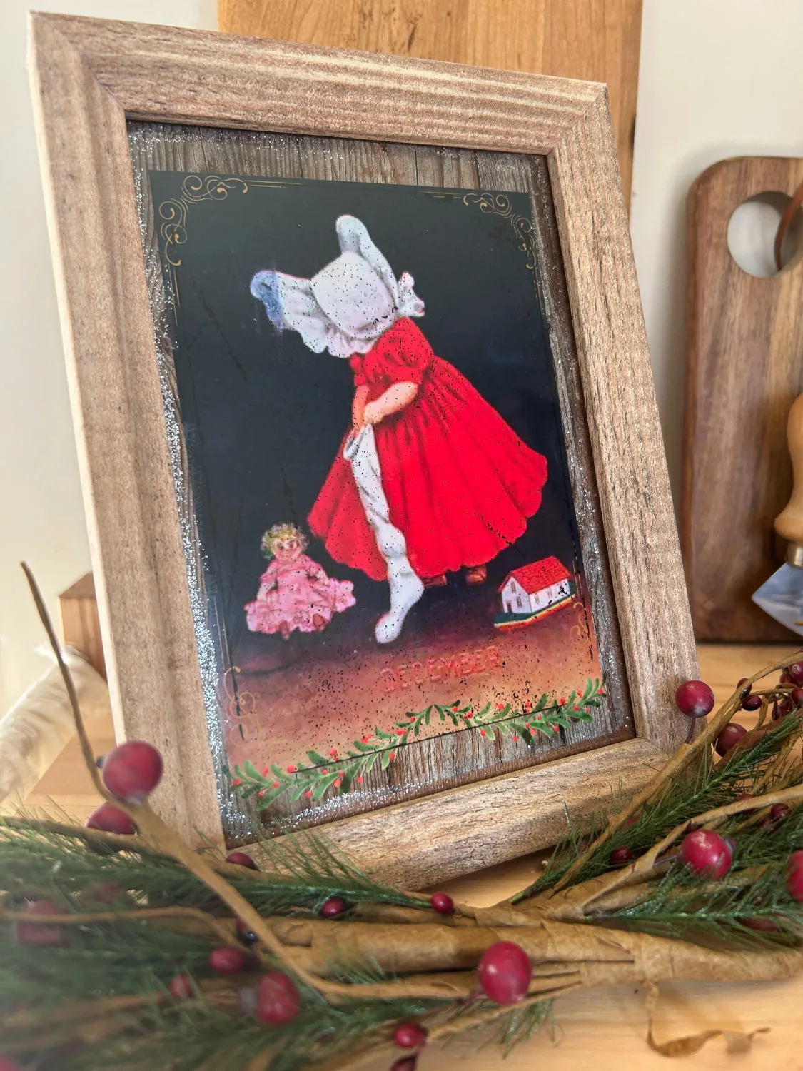 Prairie Girl Christmas Holiday Antique Photo  in barn frame with glass