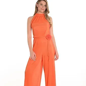603 ORANGE - pleated halter neck Jumpsuit