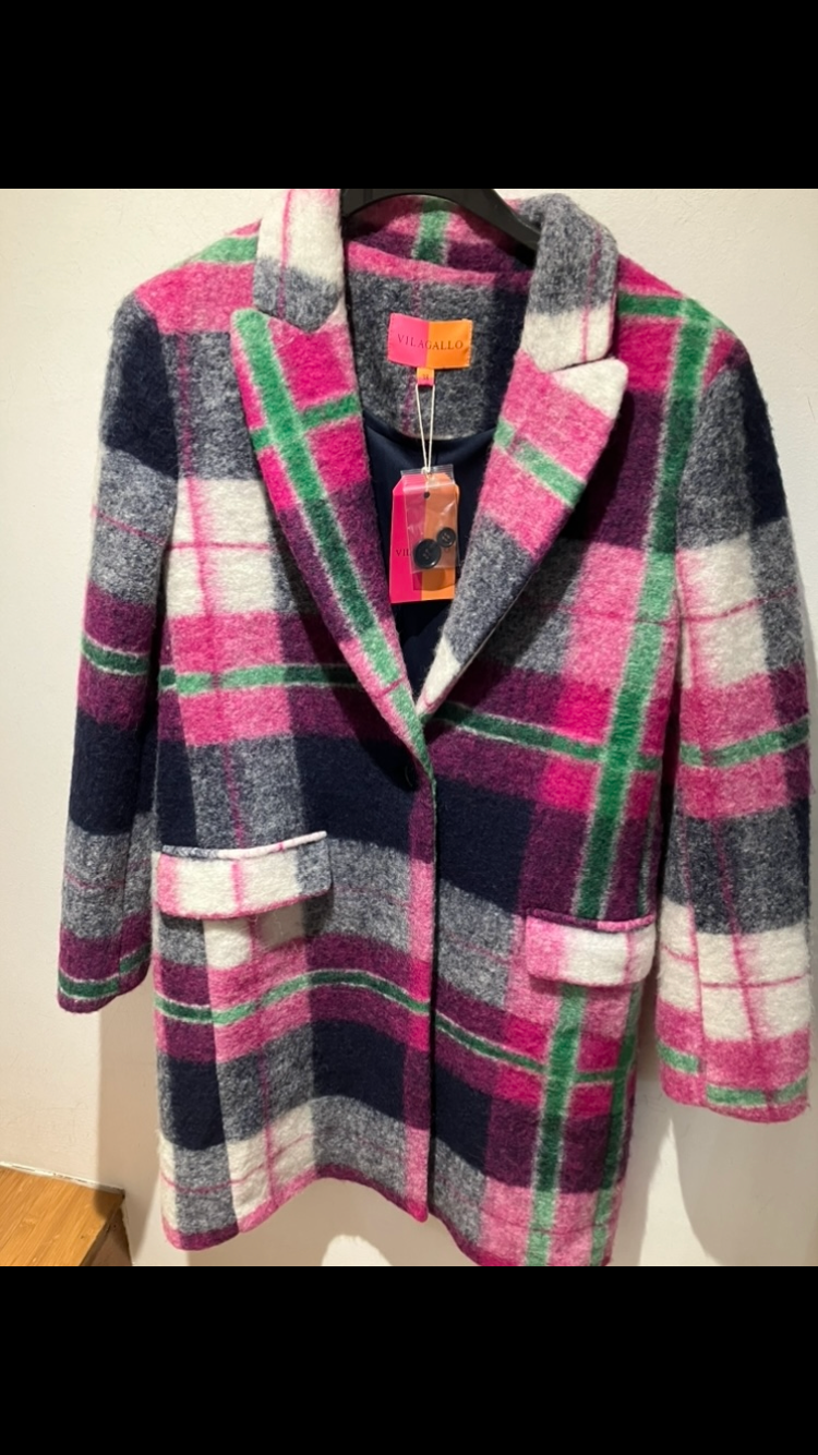 Vilagallo Pink, Blue, White And Green Check Single Breasted Wool Blend Coat
