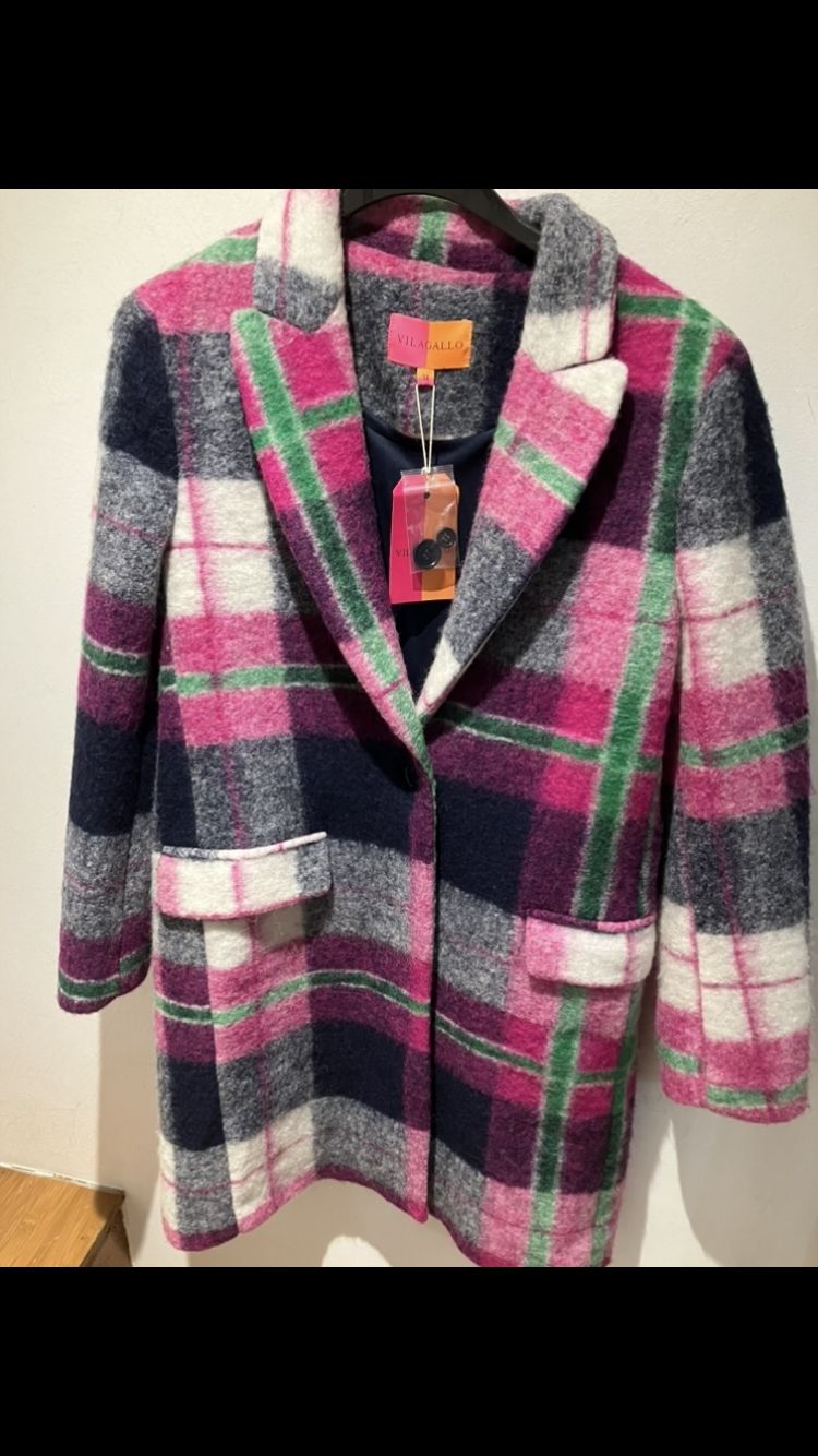 Vilagallo Pink, Blue, White And Green Check Single Breasted Wool Blend Coat Vilagallo Pink, Blue, White And Green Check Single Breasted Wool Blend Coat