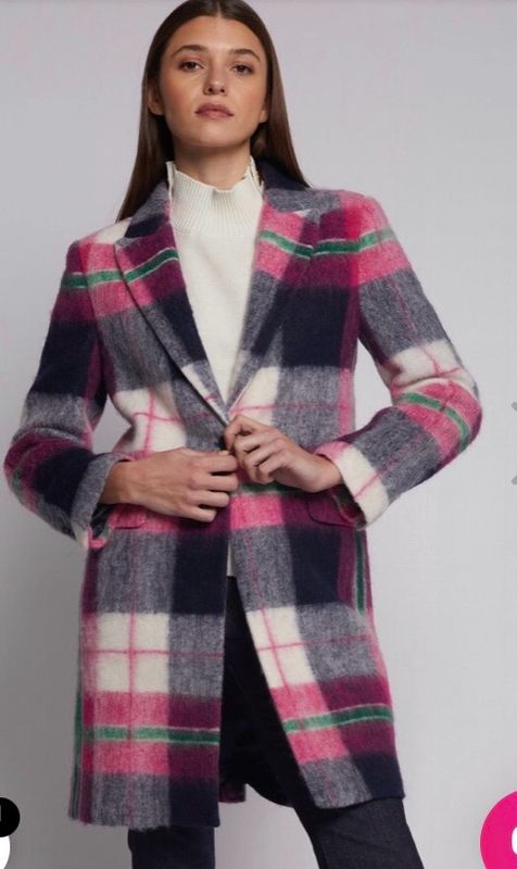 Vilagallo Pink, Blue, White And Green Check Single Breasted Wool Blend Coat