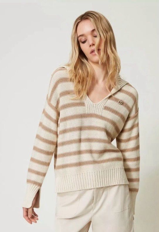 Twinset Milano Cream And Hazelnut Brown stripe maxi oversized cotton jumper.