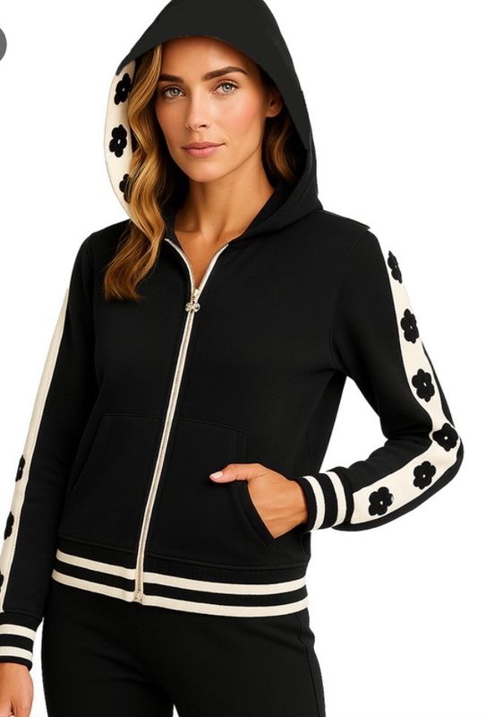 ORLY Black And White Zip Up Hooded Jacket  With Flower Embroidery Design