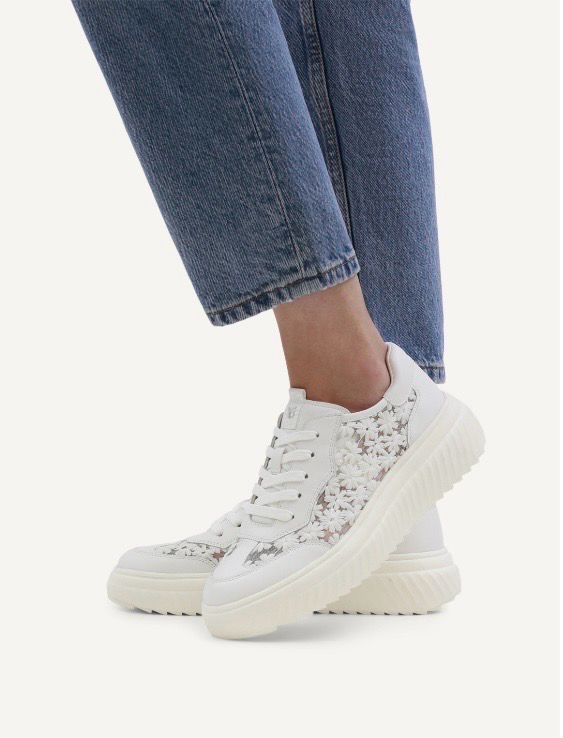 Caprice White Comb Leather And netted mix  & daisy embroidery Trainers