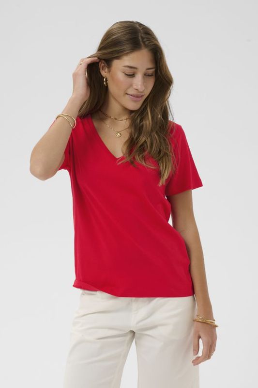 Cream Cotton Naia Deep V-Neck T Shirt High Risk Red Cream Cotton Naia Deep V-Neck T Shirt High Risk Red
