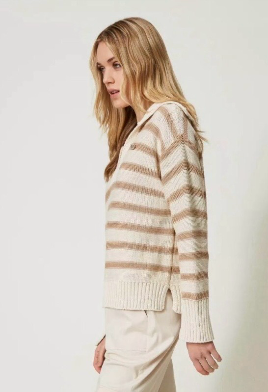 Twinset Milano Cream And Hazelnut Brown stripe maxi oversized cotton jumper.