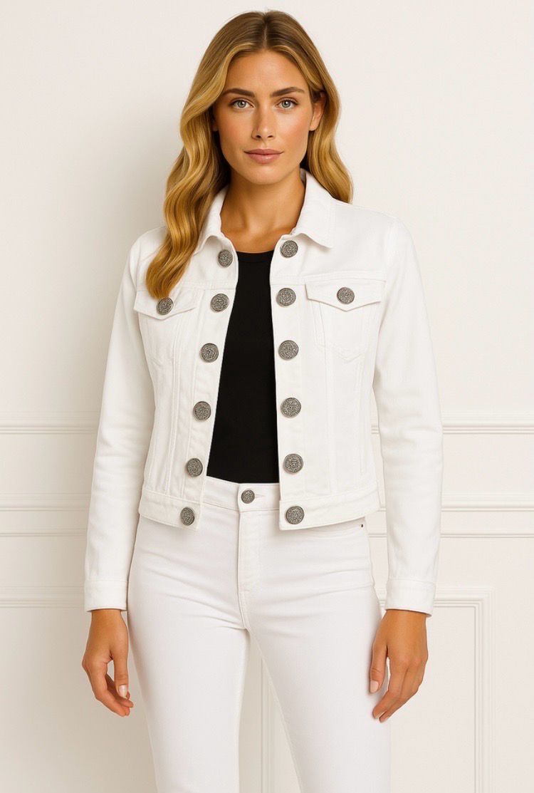 ORLY White Denim Jacket With Large Ornate Buttons