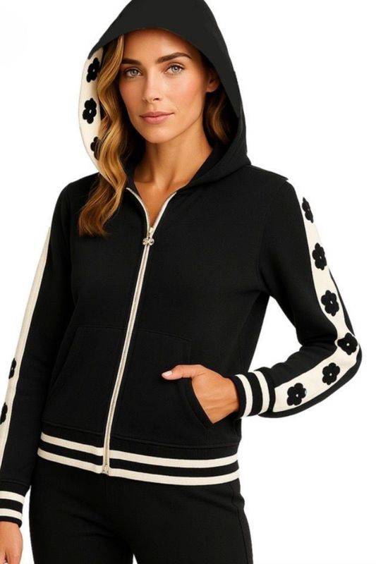 ORLY Black And White Zip Up Hooded Jacket With Flower Embroidery Design ORLY Black And White Zip Up Hooded Jacket With Flower Embroidery Design