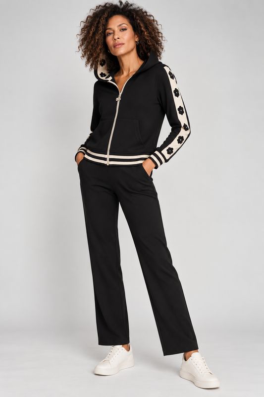ORLY Black And White Zip Up Hooded Jacket With Flower Embroidery Design ORLY Black And White Zip Up Hooded Jacket With Flower Embroidery Design