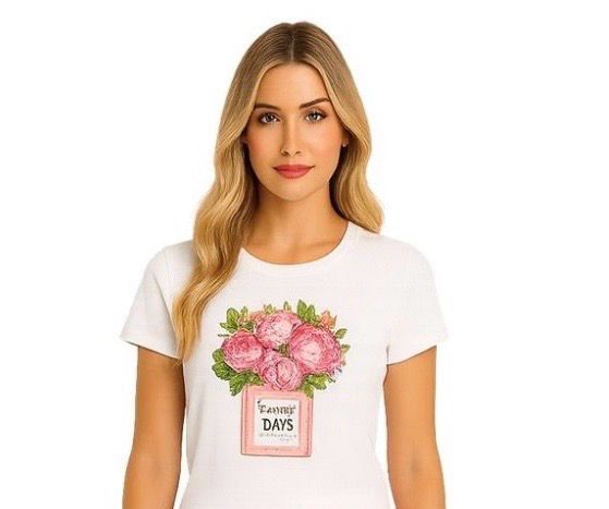 ORLY “ Beautiful Days” White T Shirt With Pink Flower Design Embellished With Diamantés . ORLY “ Beautiful Days” White T Shirt With Pink Flower Design Embellished With Diamantés .
