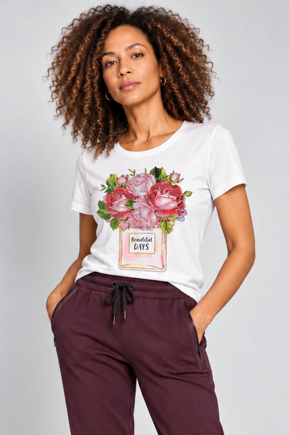 ORLY “ Beautiful Days” White T Shirt With Pink Flower Design Embellished With Diamantés .