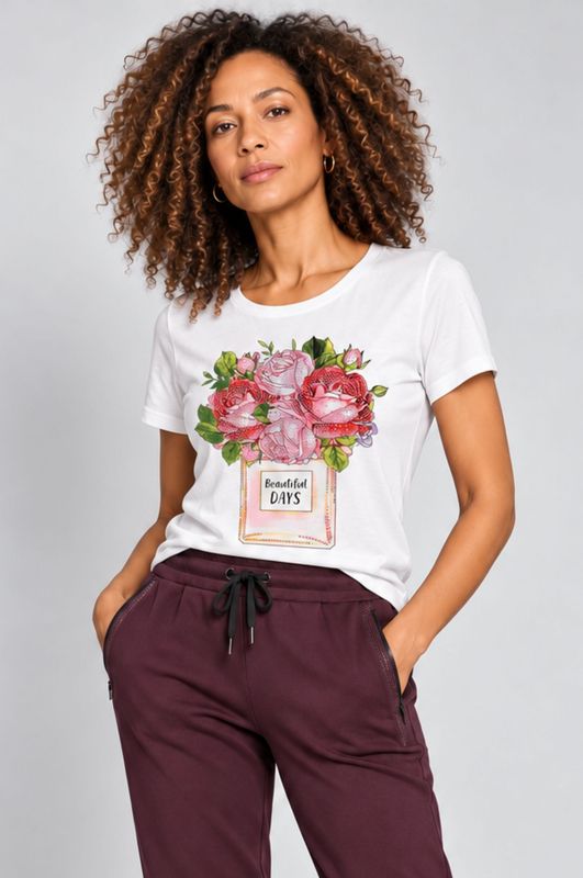 ORLY “ Beautiful Days” White T Shirt With Pink Flower Design Embellished With Diamantés . ORLY “ Beautiful Days” White T Shirt With Pink Flower Design Embellished With Diamantés .