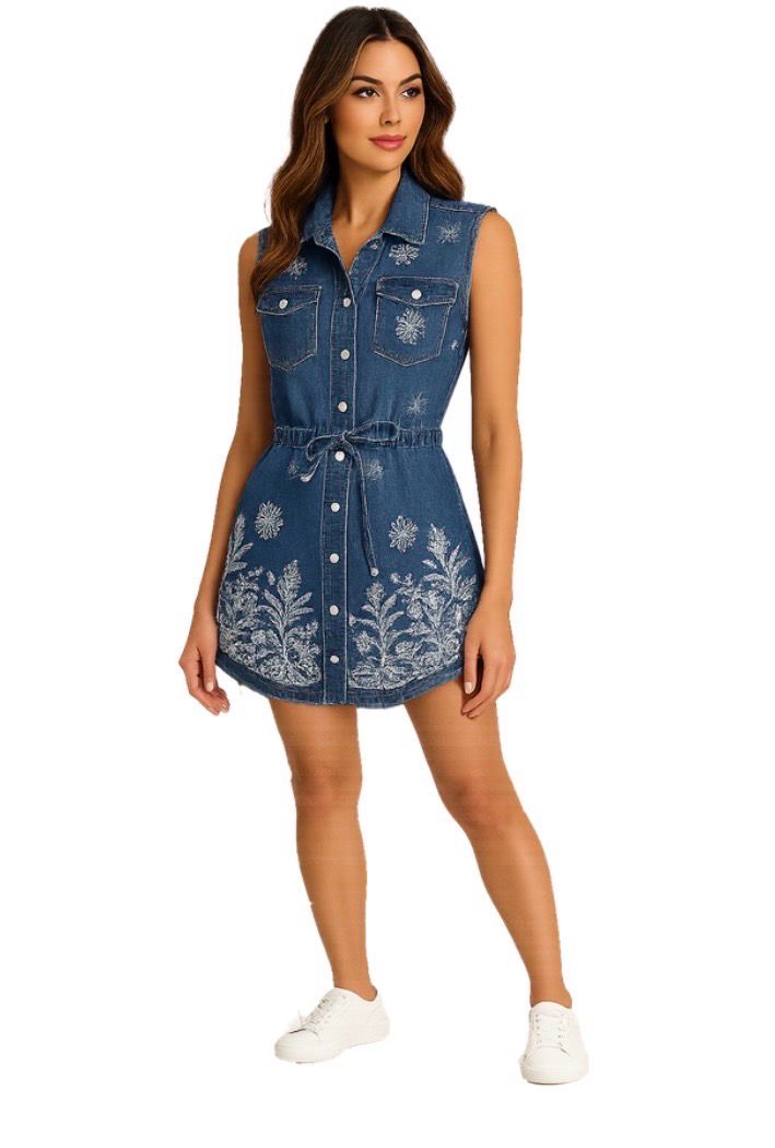 ORLY Sleeveless Embroidered Denim Dress With Drawstring Waist Tie ORLY Sleeveless Embroidered Denim Dress With Drawstring Waist Tie
