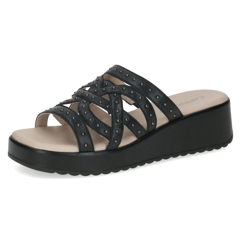 Caprice Black Nappa Leather Sandals With Low Wedge Heel